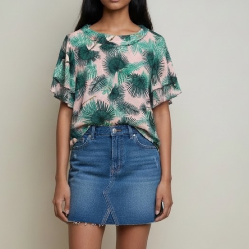 Max Jeans Palm leaves blouse Pink Green Resortwear Vacation Tropical core